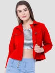 Women’s Red Cotton Lightweight Crop Denim Jacket