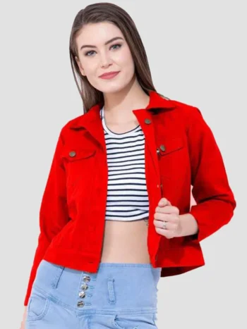 Women’s Red Cotton Lightweight Crop Denim Jacket