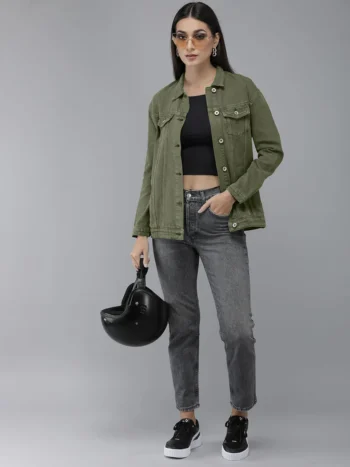 Women’s Olive Green Boyfriend Denim Trucker Jacket