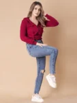 Red Solid Hooded Cropped Zipper Hoodie