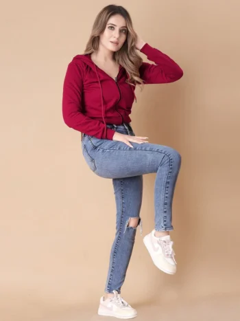 Red Solid Hooded Cropped Zipper Hoodie