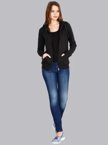 Women’s Black Hooded Cotton Zipper Jacket