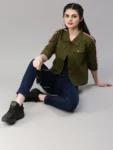 Women’s Olive Green Spread Collar Crop Denim Jacket