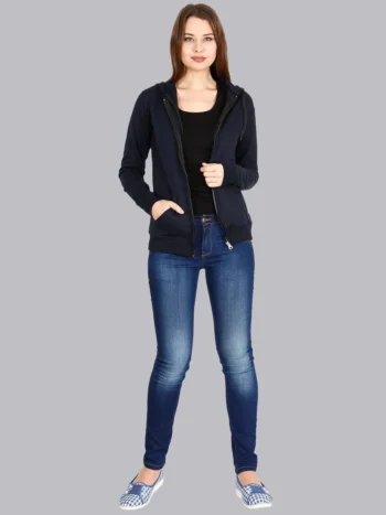 Women’s Navy Blue Cotton Zipper Hoodie