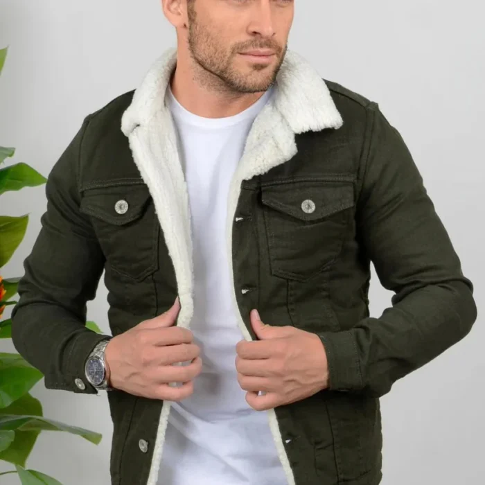 Olive Green Denim Jacket with Full White Fur
