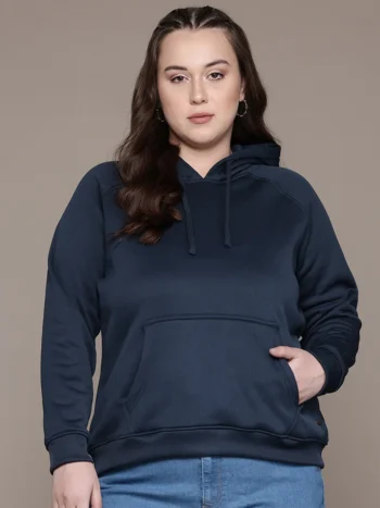 Women’s Navy Blue Solid Hooded Hoodie