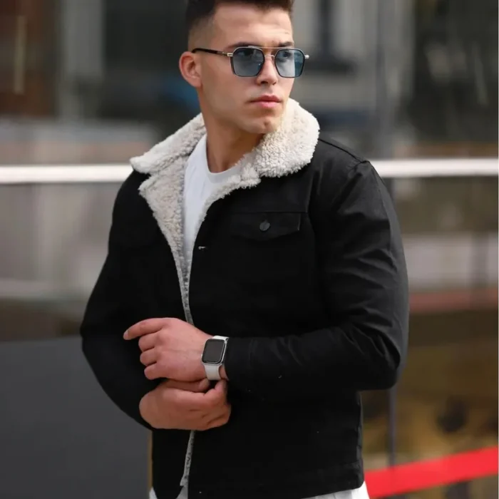 Off White Fur Black Denim Jacket