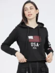 Women’s Black & White Printed Hooded Hoodie