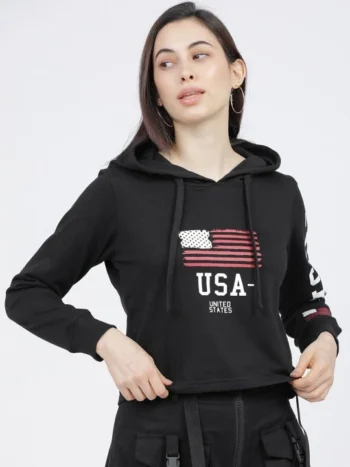 Women’s Black & White Printed Hooded Hoodie