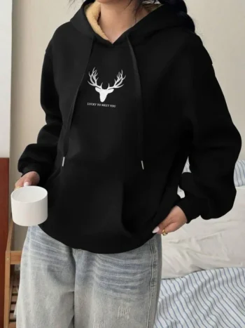 Women’s Printed Black Hooded Hoodie