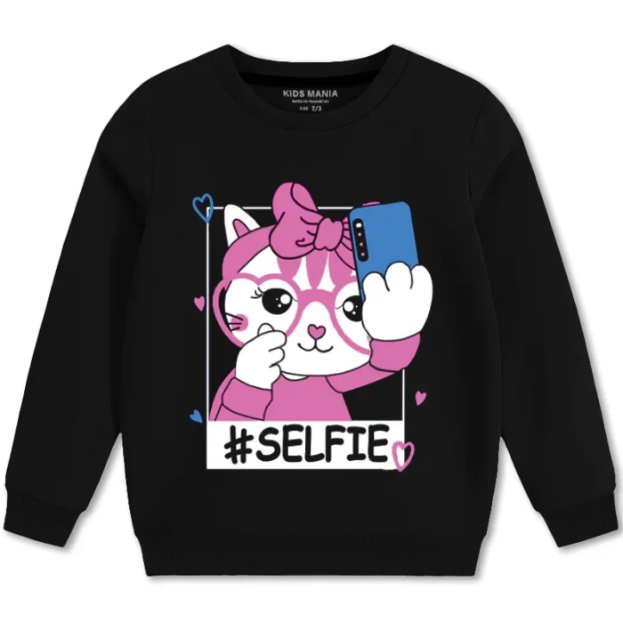 Adorable Girls Selfie Cat Print Fleece Sweatshirt