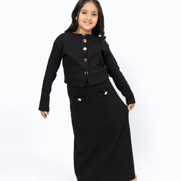 Girls Knit Skirt with Golden Button - Black
