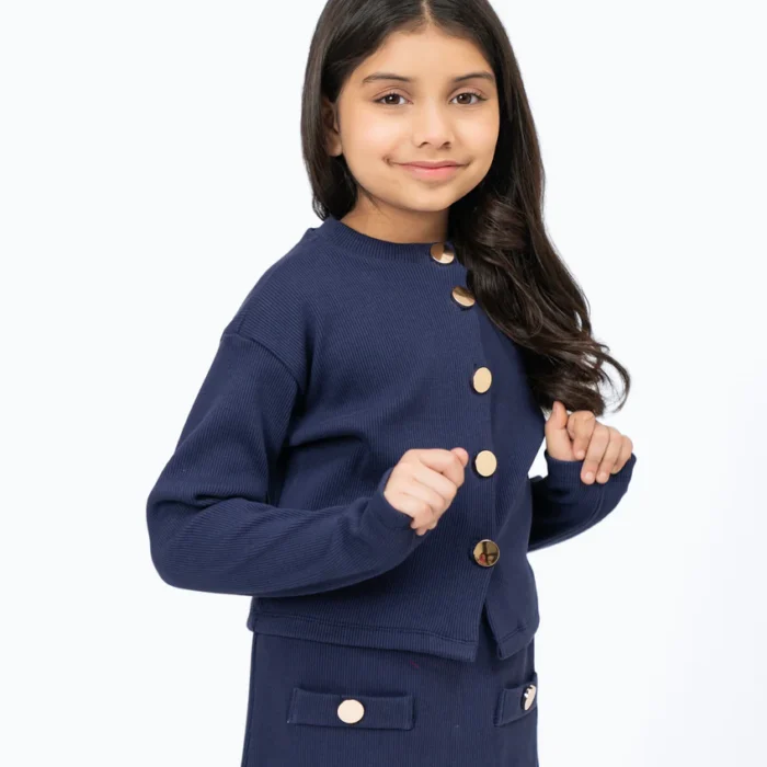 Girls Cropped Knit Top with Golden Button - Navy Blue